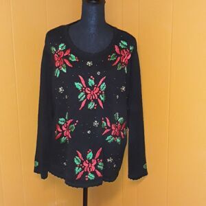 Poinsettia Christmas sweater in red and black XL
